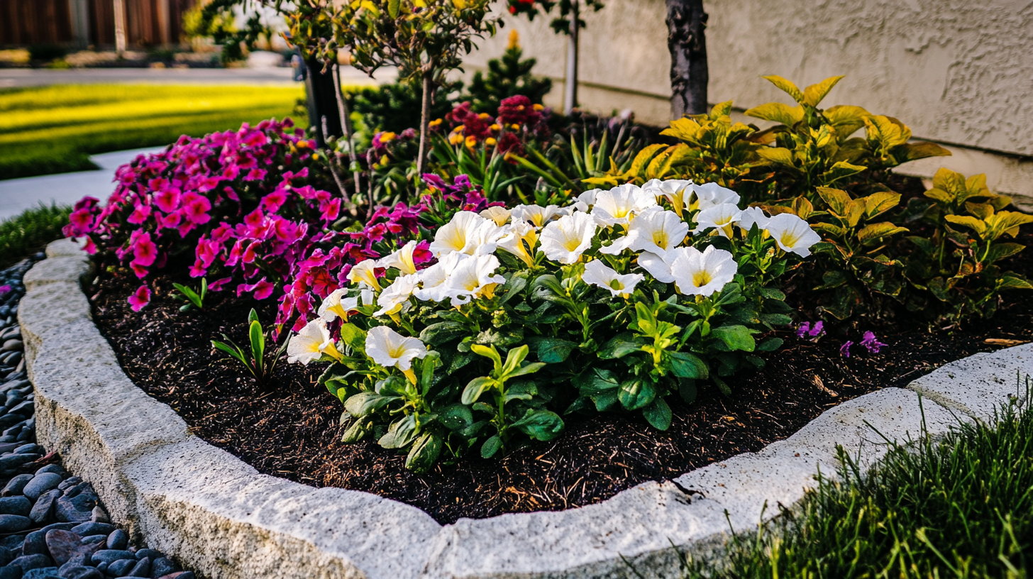 Colorful annual flowers planted in mulched landscape bed