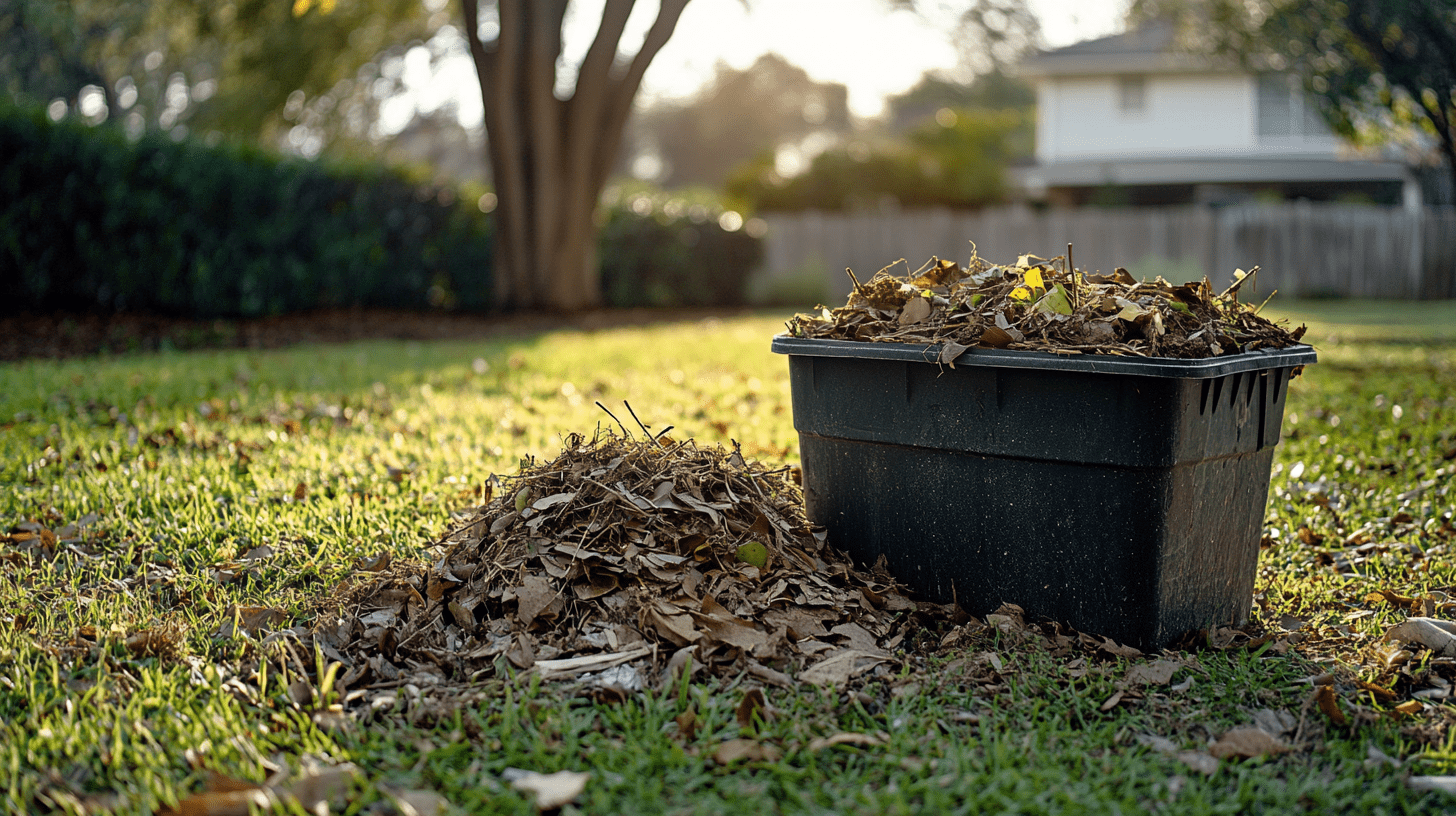 plastic bin filled with brown leaves on grass lawn