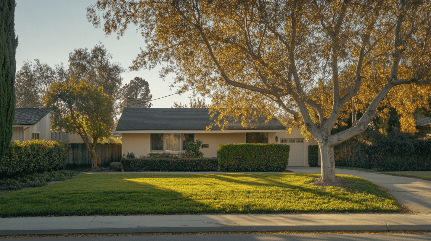 Single-story suburban house with fall foliage and landscaping