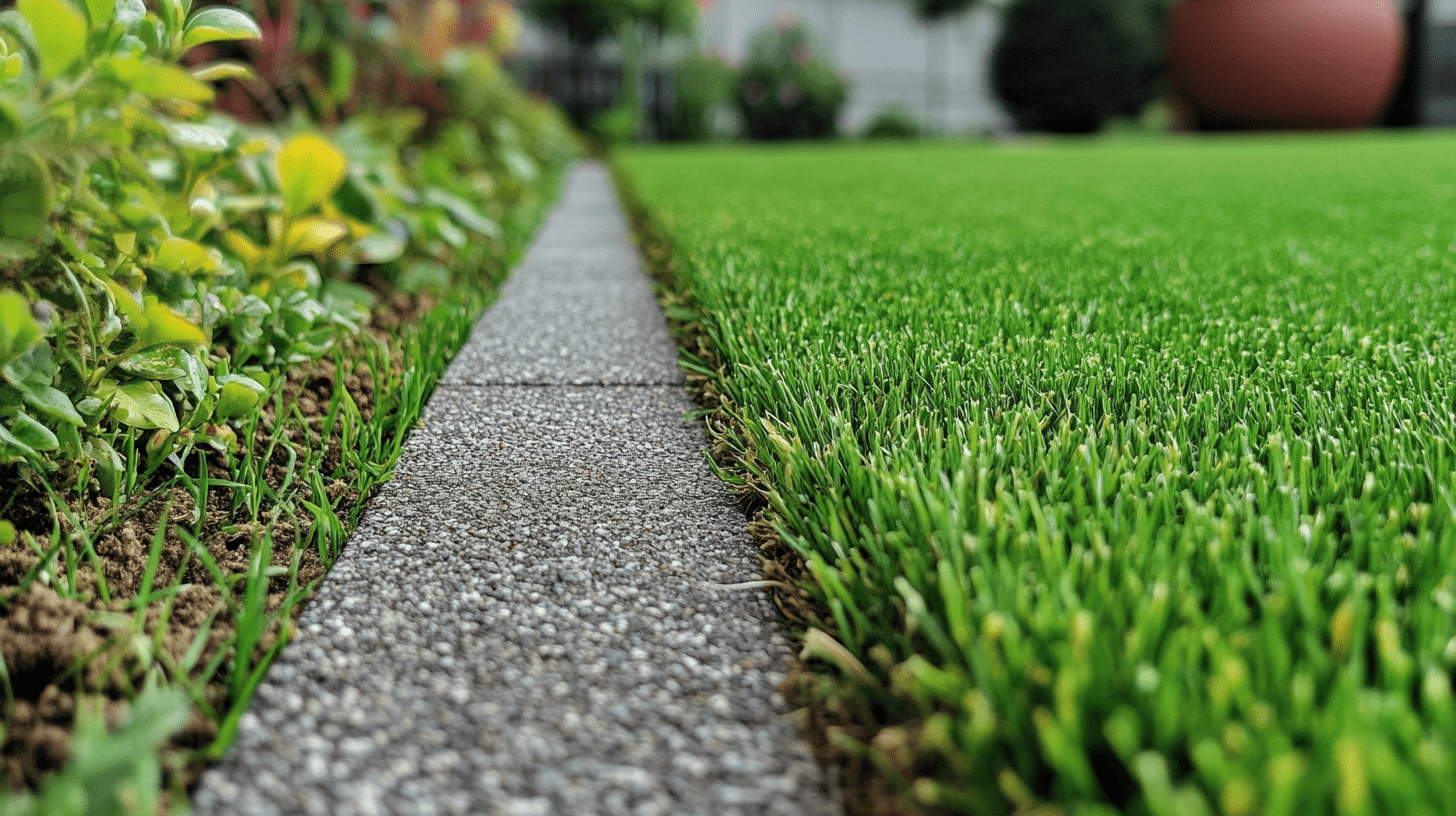 Curved concrete walkway path through green grass lawn