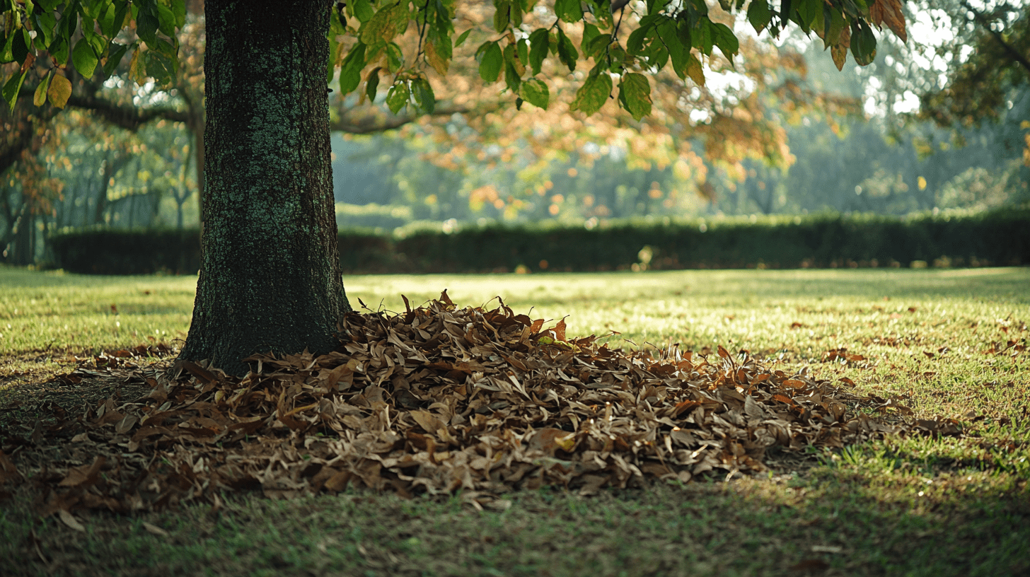 Fallen brown leaves at base of tree trunk in green grass
