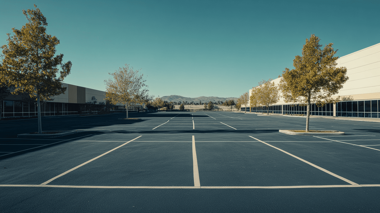 Empty parking lot with trees and mountains in the background