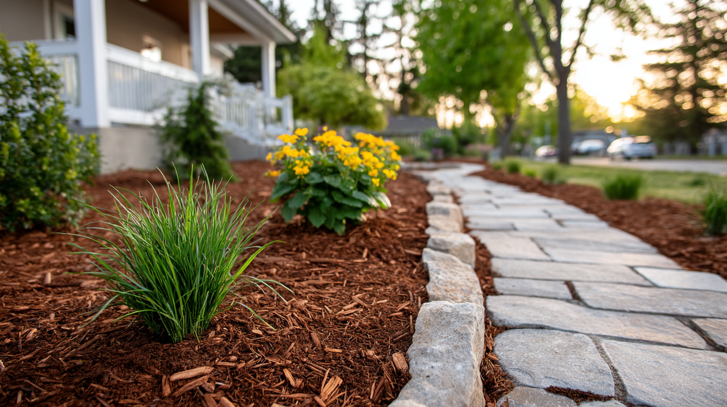 Close-up of a freshly mulched front-yard garden bed featuring ornamental grass, blooming yellow flowers, and a curved stone walkway beside a white-railed porch at sunset.