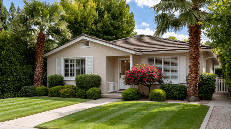 A single-story beige home with a neatly landscaped front yard, flanked by two tall palm trees and vibrant flowering bushes.