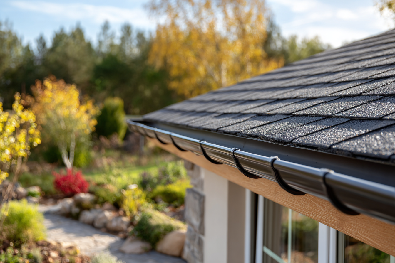 Close-up view of a clean black rain gutter on a residential roof, with a well-maintained garden and colorful autumn foliage in the background.