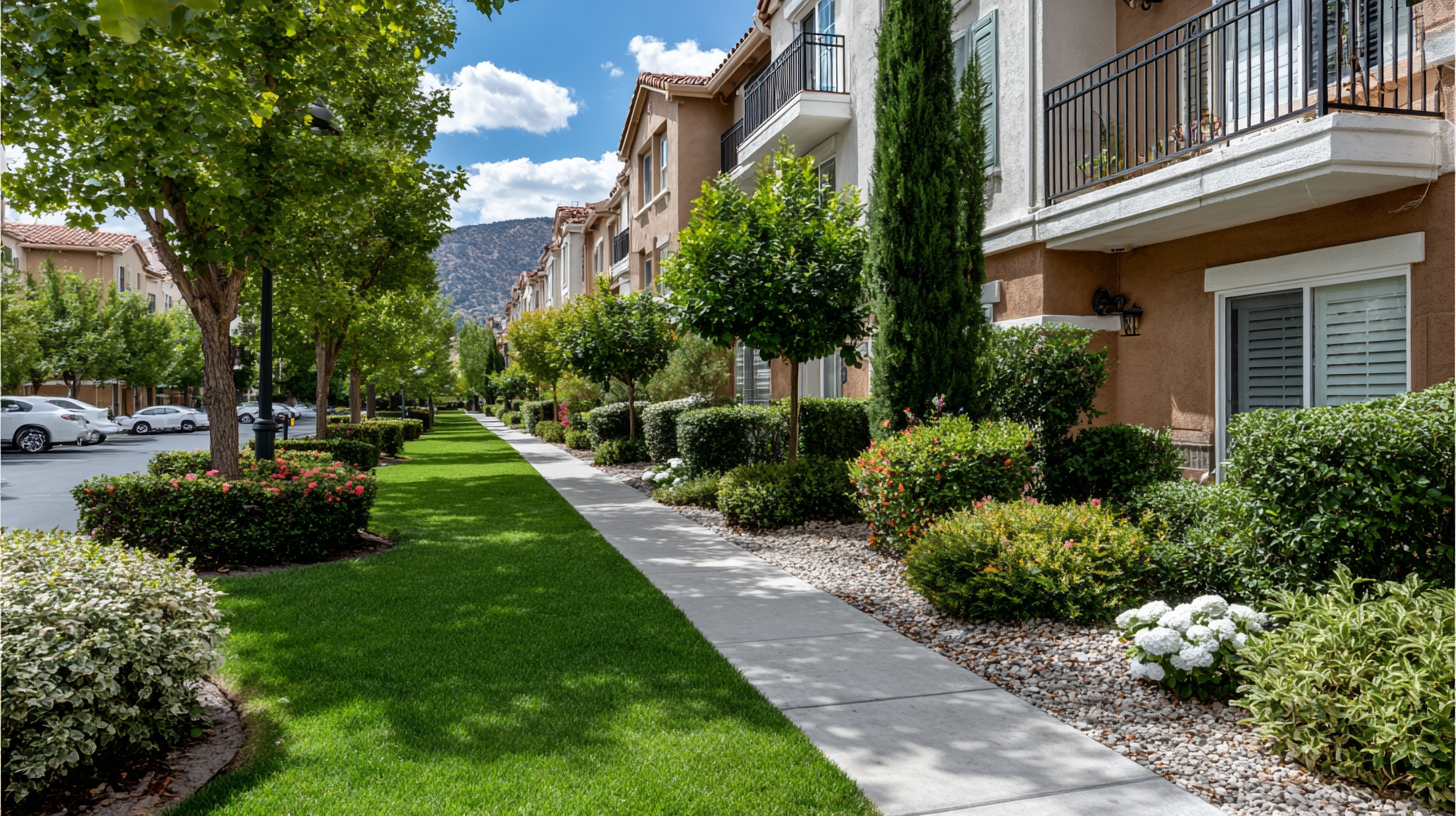 Tree-lined sidewalk with manicured lawns and neatly trimmed shrubs in front of modern townhomes, with a backdrop of mountains and a blue sky.